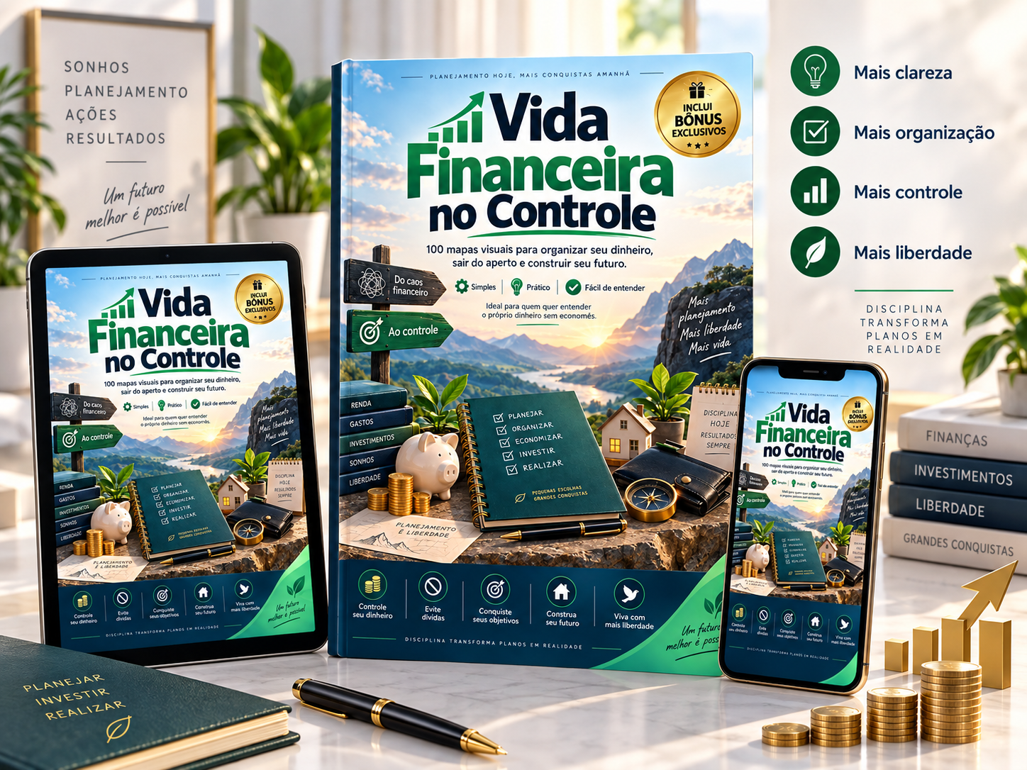 Mockup do Vida Financeira no Controle em livro, tablet e celular